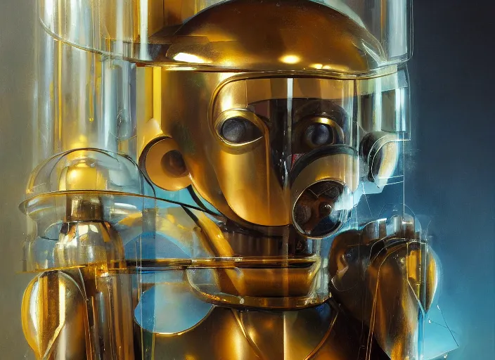 Image similar to a portrait of cyber - dog of sci fi metallic human, bright eyes, melancholic complex geometric figure liminal machinery by oskar schlemmer, moebius, john berkey, film grain, oil on canvas, portrait facial head, featured on artstation, hd wallpaper, 8 k