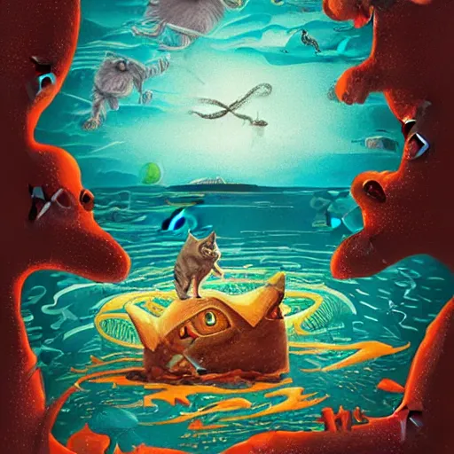 Prompt: cat on boat crossing a body of water in hell with creatures in the water, sea of souls, by studio 4 c