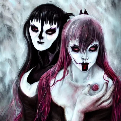 Prompt: demon girl with a white face and extrem gloomy face in hell, dark concept horro art by aleksandra waliszews and aoi ogata