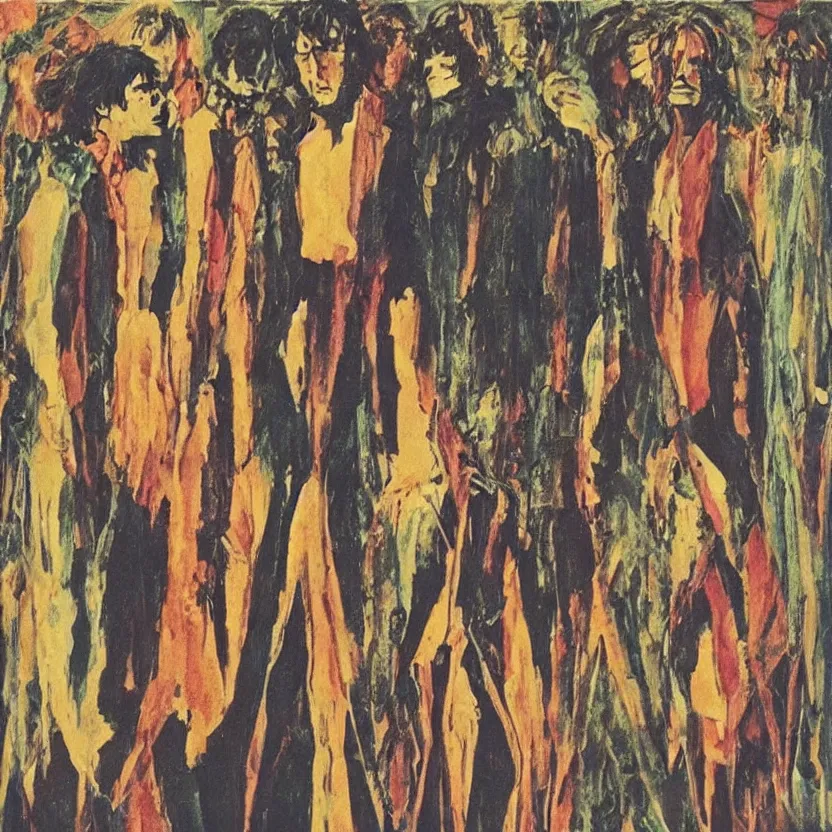 Prompt: a group of men standing next to each other, an album cover by Syd Barrett, pinterest, mannerism, antichrist, flickering light, 1970s