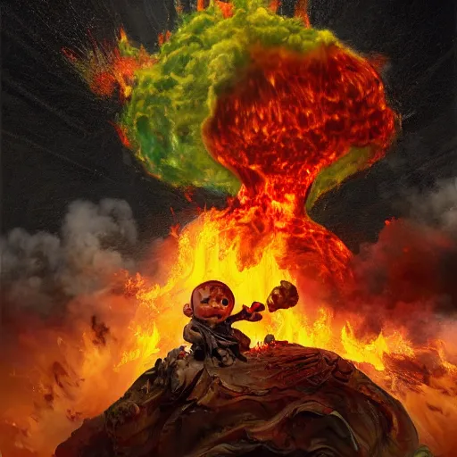 Image similar to a high quality apocalyptic painting of brussels burning in fire while olli rehn cries and viktor orban laughs maniacally in style of salvador dali, trending on artstation