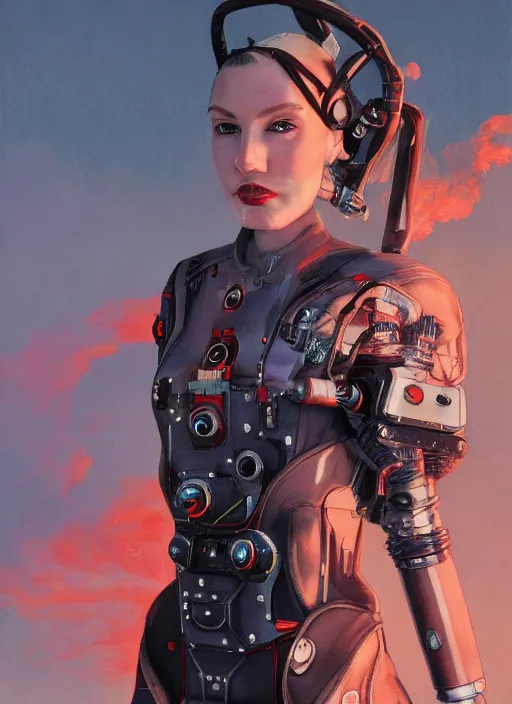 Prompt: symmetry!!! closeup portrait of a cyborg vape girl, fashion mechanic jumpsuit with shiny shoulder pads, cinematic light, windy, red green, volumetric smoke, mist, by gerald brom, by mikhail vrubel, by peter elson, muted colors, extreme detail, trending on artstation, 8 k