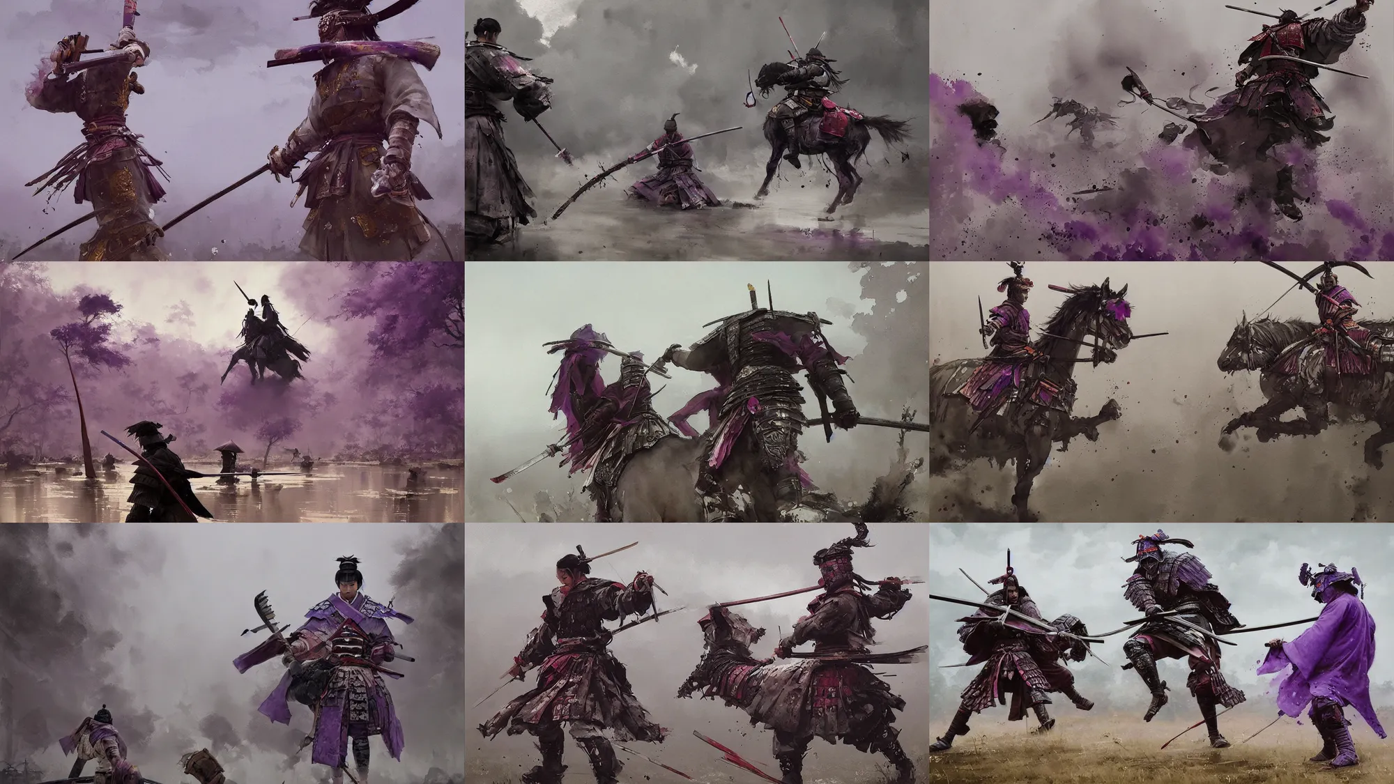 Prompt: magnificent painting of samurai | lightings purple, watercolor, unreal engine, jakub rozalski, art nouveau,