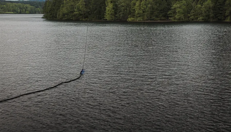 Prompt: photograph of an infinitely long chunky rope floating on the surface of the water, the rope is snaking from the foreground towards the center of the lake, a dark lake on a cloudy day, trees in the background, moody scene, anamorphic lens, kodak color film stock