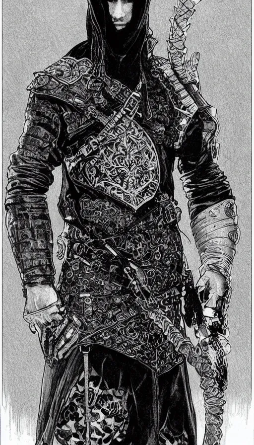 Image similar to a black and white ink fine ink drawing of a thief, from of thrones, in leather armor, fibonacci, sweat drops, intricate fashion clothing, concept art, smooth, sharp focus, portrait, illustration, art by alphonse mucha and travis charest