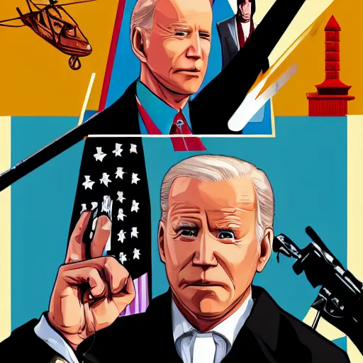 Prompt: gta chinatown wars art style as joe biden on next gta poster, with very detailed content, justify contents center, remove duplicate content.