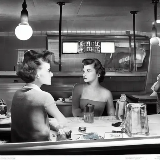 Image similar to detailed sharp photograph in the style of popular science circa 1 9 5 5 and gregory crewdson of a 1 9 5 0 s small town night inside a diner with ten teenage girls drinking milkshakes - w 1 0 2 4