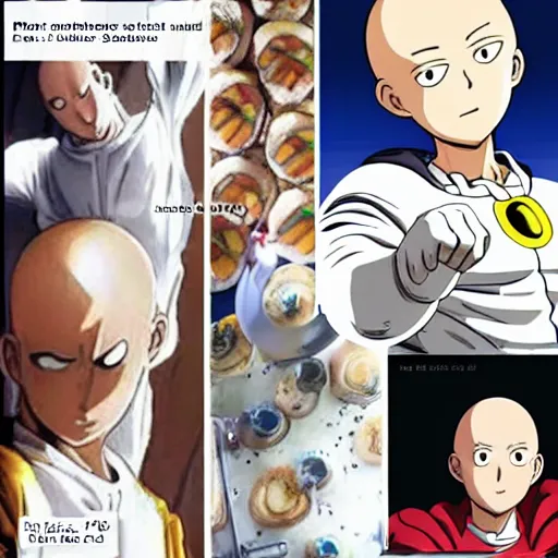 Prompt: saitama one punch man dressed as a baker, in a bakery kitchen, baking french baguette, one punch man instagram thirst trap photo shoot, perfect faces, very detailed, clear focus