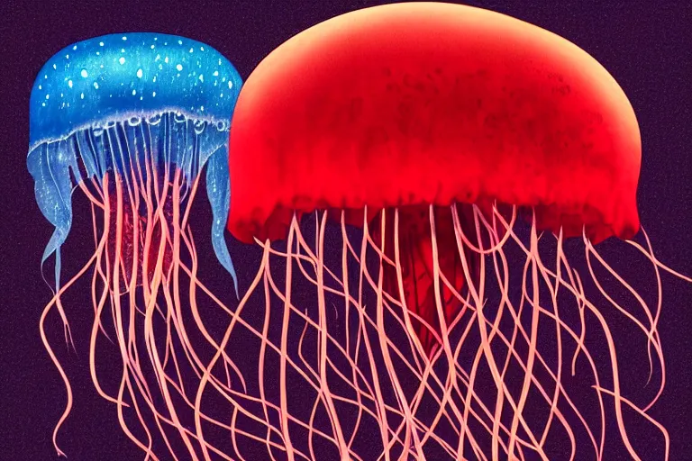 Image similar to digital art of a red jellyfish in the deep sea alone by alex grey, dark background, arcylic,