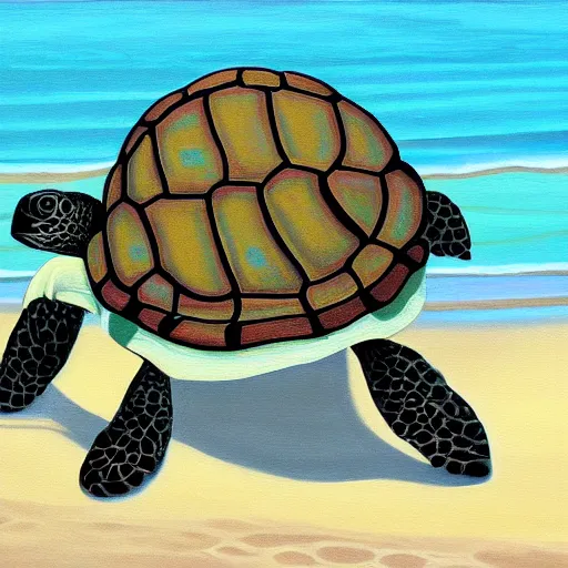 Image similar to a detailed painting of a turtle, all alone, on the beach, on a cloudy day