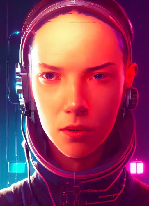 Image similar to highly detailed portrait of a cyberpunk sci - fi hacker, wires connect to the head, stephen bliss, unreal engine, greg rutkowski, loish, rhads, beeple, makoto shinkai and lois van baarle, ilya kuvshinov, rossdraws, tom bagshaw, alphonse mucha, global illumination, detailed and intricate environment