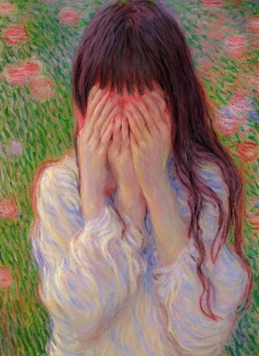 Image similar to an extremely cute girl crying tears of joy, very anime, trending artwork, 4 k, anime painter studio, an impressionist style by claude monet