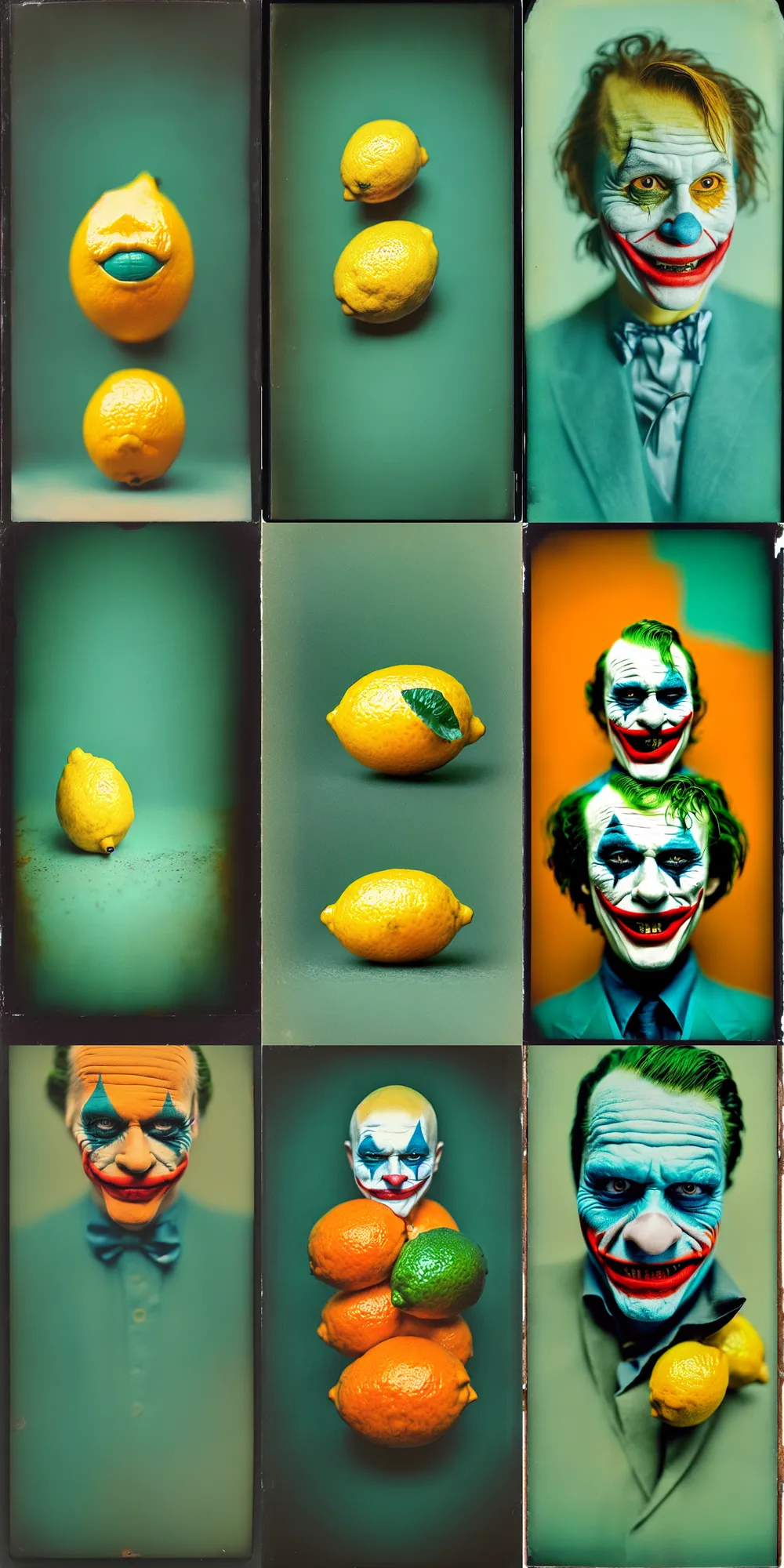 Image similar to kodak portra 4 0 0, wetplate, 8 k, shot of a highly detailed, britt marling style, colour still - life portrait of a lemon looks like 1 9 9 9 joker, teal and orange, muted coloures