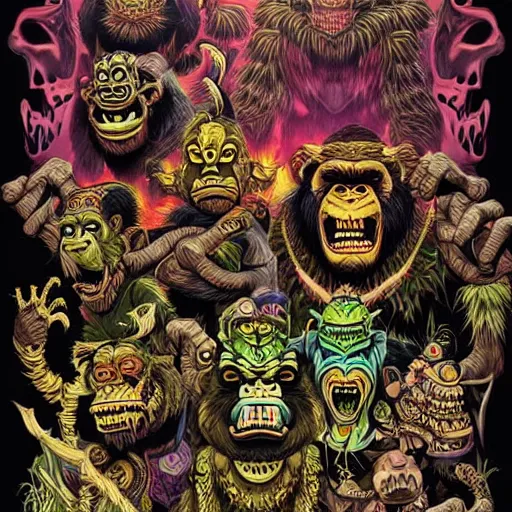 Image similar to barong family, wiwek, mara demon, one single tribe member, jungle, one single mask, dark, ancient warrior, stupid silly dumb gorilla moron, fat lizard, tribal, inner glow, art by dan mumford and justin gerard