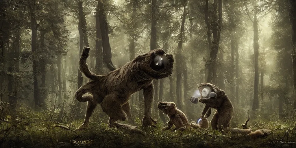 Prompt: an astronaut and a strange furry creature in a forest, a detailed matte painting by frieke janssens, featured on cgsociety, fantasy art, matte painting, reimagined by industrial light and magic, matte drawing