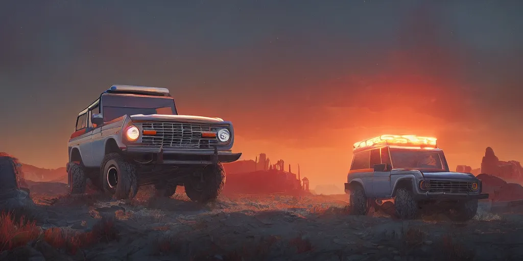 Image similar to ford bronco, an epic fantasy, dramatic lighting, cinematic, establishing shot, extremely high detail, photorealistic, cinematic lighting, artstation, by simon stalenhag, horizon forbidden west