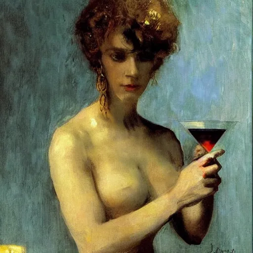 Prompt: portrait of a mysterious woman holding a martini, by Ilya Repin and Dave McKean