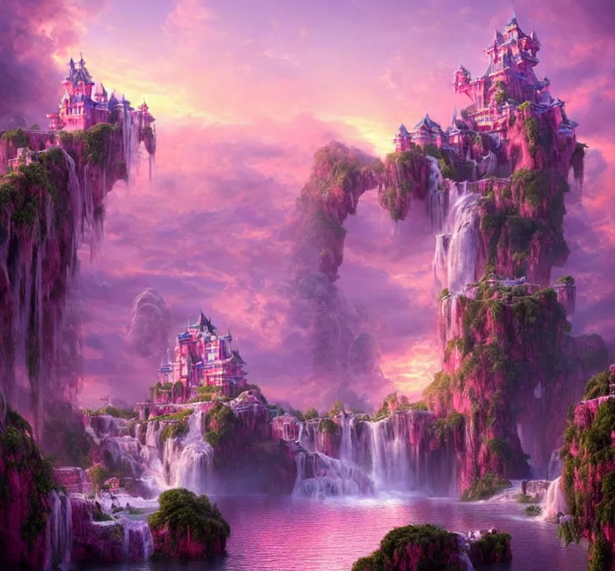 Image similar to beautiful!!! digital painting of a ( ( ( floating cloud kingdom ) ) ) with an intricate expensive castle and waterfalls!! | dreamy pink!!! sunset!!! intricate civilization, epic rim lighting, dramatic!!!! craig mullins, james jean, octane render, trending on artstation, deviantart, studio level quality, hyperdetailed