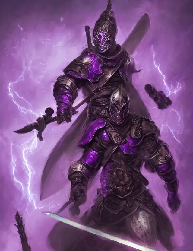 Image similar to a masked warrior in purple armour glowing violet, wielding a large purple sword that flashes with lightning, by frank fazetta and peter mohrbacher, trending on artstation, digital art, 4 k resolution, detailed, high quality, hq artwork, coherent, insane detail, concept art, character concept, character full body portrait