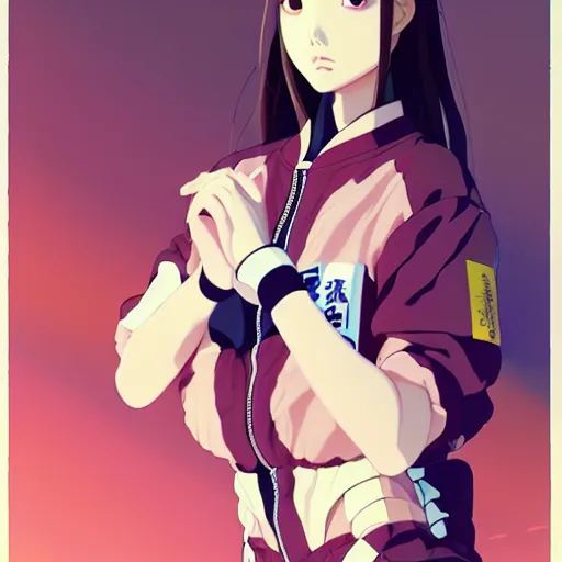 Image similar to a beautiful japanese natalie portman gravure model, wearing oversized native designer bomber jacket and leotard with overalls, bulky poofy bomber jacket with mesoamerican patterns, mesoamerican native street fashion, gapmoe yandere grimdark, trending on pixiv fanbox, painted by greg rutkowski makoto shinkai takashi takeuchi studio ghibli, akihiko yoshida