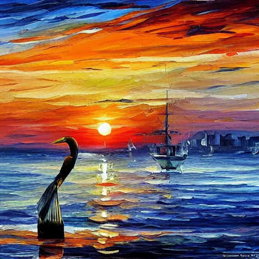 Prompt: rising sun ( ( ( fishing cormorant, fishing boat ) ) ) on the naples bay, by leonid afremov and moebius