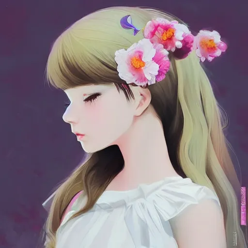 Image similar to little girl with flowers in hair wearing an white dress. art by ilya kuvshinov, profile picture, inspired in hirohiko araki, realistic, highly detailed, 8 0 s anime art style