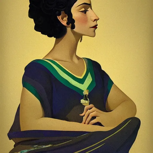 Image similar to an illustration of a fair skin with dark curly stylised hair queen wearing dress, by nicholas roerich, by georgia o keeffe by frederick william elwell, by otomo highly detailed, realistic, outline, line work concept art, jewels, oriental, desaturated, animation