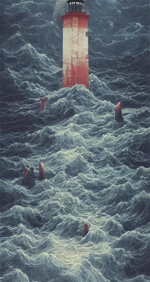 Prompt: worshippers in robes belonging to the cult of the lighthouse standing in waves, a lighthouse, high detailed Beksinski painting, part by Adrian Ghenie and Gerhard Richter. art by Takato Yamamoto. masterpiece, deep colours, blue