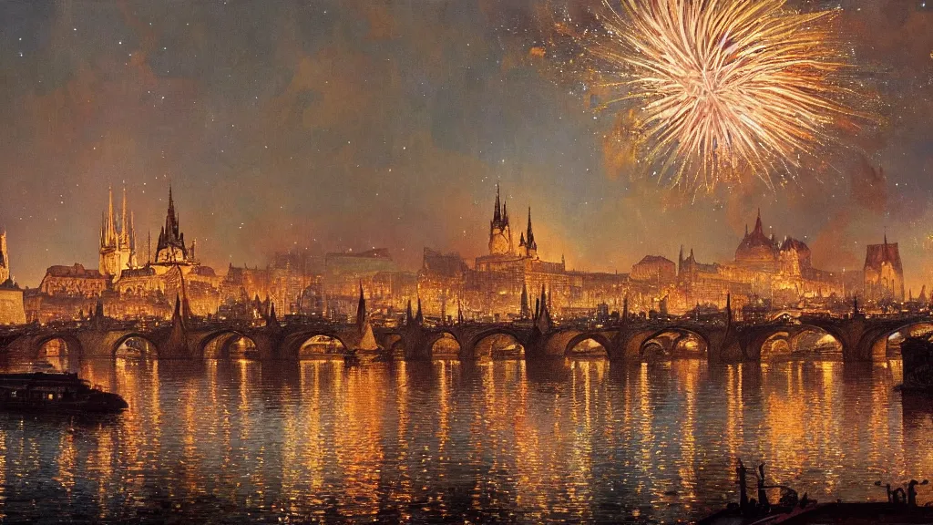 Prompt: a beautiful painting of the view from the river of london or prague during a fireworks festival, at night with a sky full of stars and fireworks, intricate, elegant, highly detailed, digital painting, artstation, concept art, by krenz cushart and artem demura and alphonse mucha