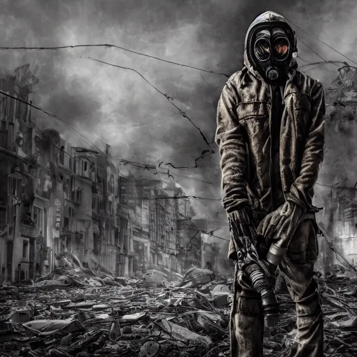 Image similar to gritty hooded apocalyptic man in gas mask standing in street of destroyed city, hyper - detailed, smooth, sharp focus, 4 k ultra hd, fantasy dark art, apocalyptic art