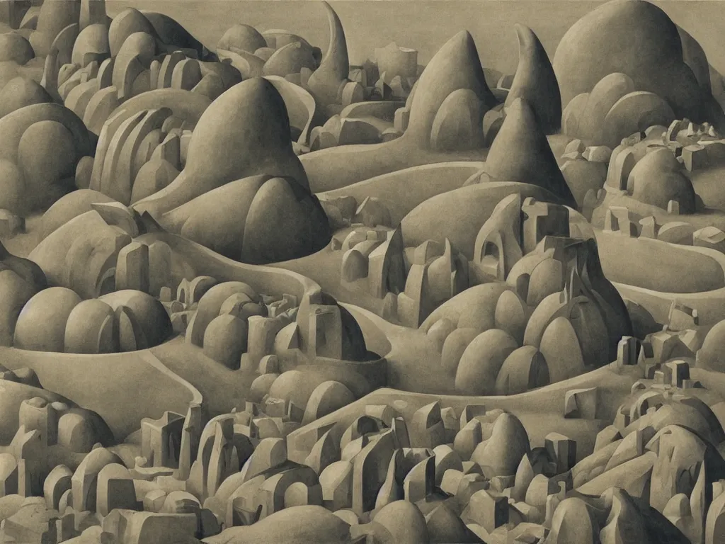 Prompt: Entire city sculpted in marble by Brancusi, Henri Moore, in the middle of the sand dunes alien planet. In the foreground the devil takes the soul from the chest of a dead man. Painting by Morandi, Escher, Lucas Cranach, Roger Dean