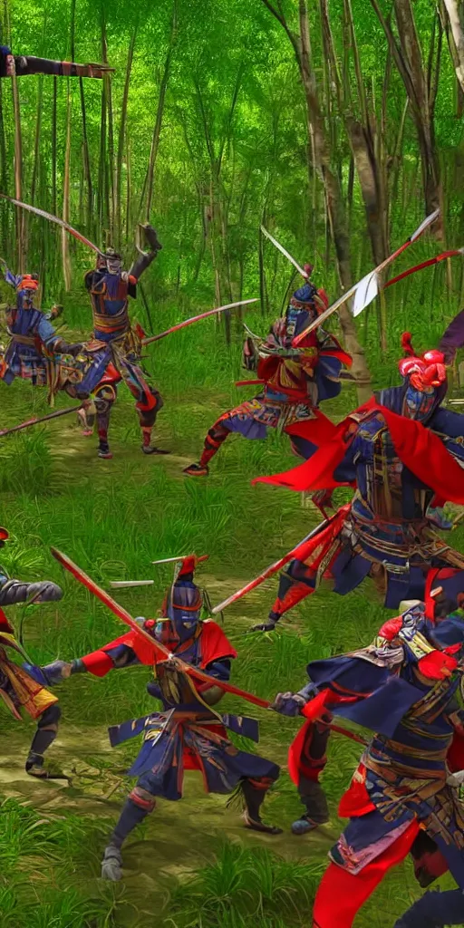 Prompt: samurais in colourful armor fight against each other in a bamboo forest, cinematic, epic pose, battle scene, render, unreal engine