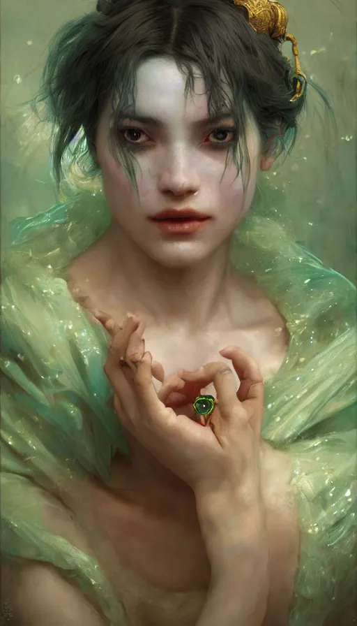 Image similar to epic masterpiece portrait of a female jester, sweaty skin, hyperrealistic, octane render, cinematic, beautiful face and flawless skin, perfect hands, emeralds by Edgar Maxence and Ross Tran and Michael Whelan, Legends of Runeterra