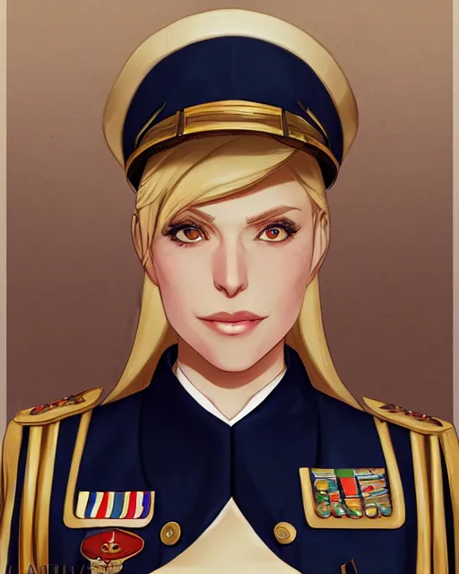 Image similar to A blonde woman in a navy blue military dress uniform, visualartzi, dieselpunk, anime, concept art by Karla Ortiz, James Paick, Charlie Bowater, Krenz Cushart, highly detailed, ultra detailed, ultra realistic, trending on artstation, cgstudio
