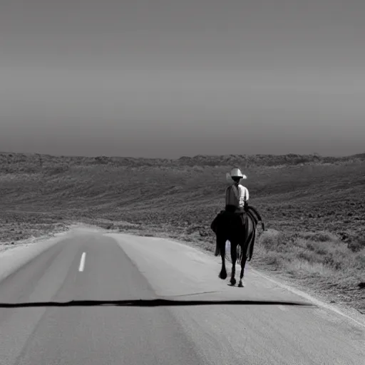 Prompt: lone cowboy walking his horse down a road into the sunset, desert, real photo, photo realism, sad