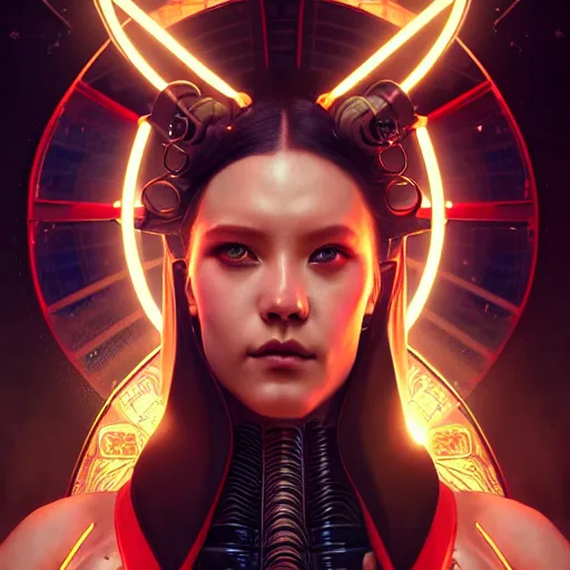 Image similar to portrait painting of cyberpunk solar mamamoo with a halo and devil horns, ultra realistic, concept art, intricate details, eerie, highly detailed, photorealistic, octane render, 8 k, unreal engine. art by artgerm and greg rutkowski and magali villeneuve and alphonse mucha