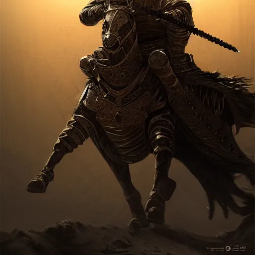 Image similar to the king in the desert, Medieval Warrior fighting in a dark scene, detailed scene, Armour and Crown, highly detailed, blood and dust in the air, action scene, cinematic lighting, dramatic lighting, trending on artstation, elegant, intricate, character design, motion and action and tragedy, fantasy, D&D, highly detailed, digital painting, concept art