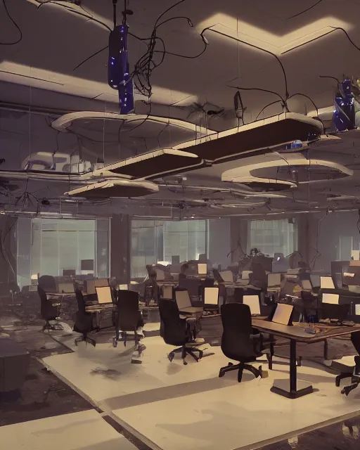 Image similar to call center in the style of the tv show, hyper realistic, ambient lighting, concept art, intricate, hyper detailed, smooth, volumetric lighting, octane