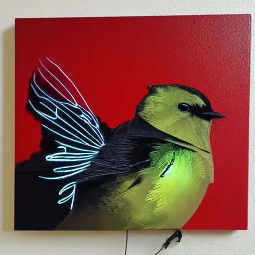 Image similar to a full-metal neon-winged wren, the background is the kernel source of a virtual world, oil on canvas by Yoji Shinkawa and Stina Persson