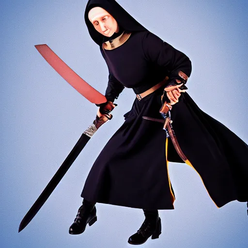 Prompt: photo of a futuristic nun warrior with weapons