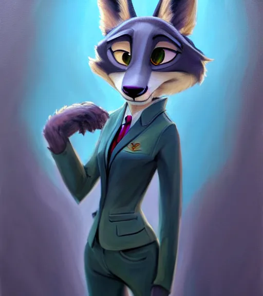 Image similar to oil painting of full body of anthromorphic female wolf, in style of zootopia, zootopia, zootopia, fursona, furry, furaffinity, 4 k, deviantart, furry art, fursona art, wearing black business suit, business suit, in style of zootopia, wolf fursona, cyberpunk, female, expressive detailed feminine face,