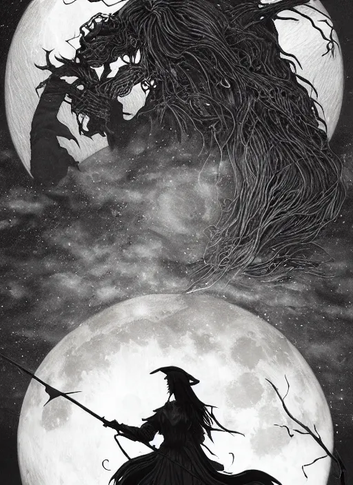 Prompt: portrait, silhouette of a witch in front of the full big moon, book cover, dramatic lighting, cinematic, establishing shot, extremly high detail, foto realistic, cinematic lighting, pen and ink, intricate line drawings, by Yoshitaka Amano, Ruan Jia, Kentaro Miura, Artgerm, post processed, concept art, artstation, matte painting, style by eddie mendoza, raphael lacoste, alex ross