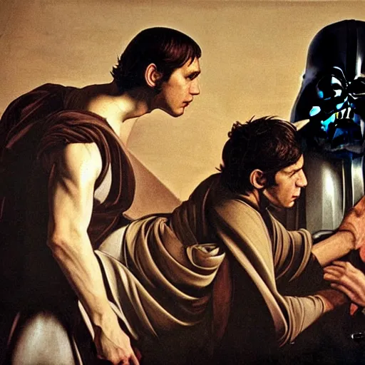 Image similar to a caravaggio artwork film still of star wars, artwork by caravaggio