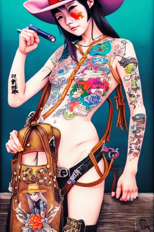 Image similar to full view of cowboy girl from taiwan with tattoos, wearing a cowboy hat, style of yoshii chie and hikari shimoda and martine johanna, highly detailed