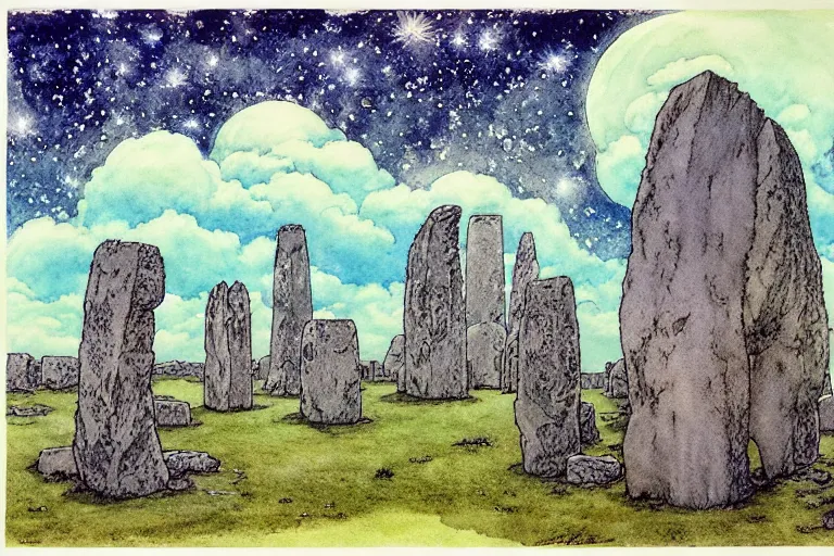 Image similar to hyperrealist studio ghibli watercolor fantasy concept art of a 1 0 0 ft. giant druid sitting on stonehenge. it is a misty starry night. by rebecca guay, michael kaluta, charles vess