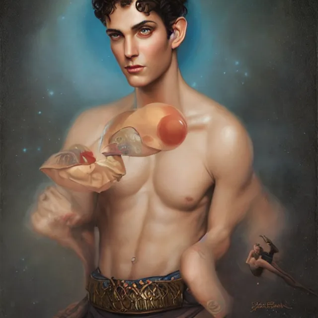 Prompt: portrait of a handsome male genie, art by tom bagshaw and paul cadmus and george quaintance