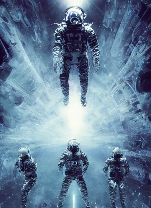 Image similar to astronauts in dark void underwater - complex and hyperdetailed technical suit. reflection and dispersion materials. rays and dispersion of light. volumetric light. f / 3 2. noise film photo. flash photography. ultra realistic, wide angle. poster by wayne barlowe, hajime sorayama aaron horkey, craig mullins