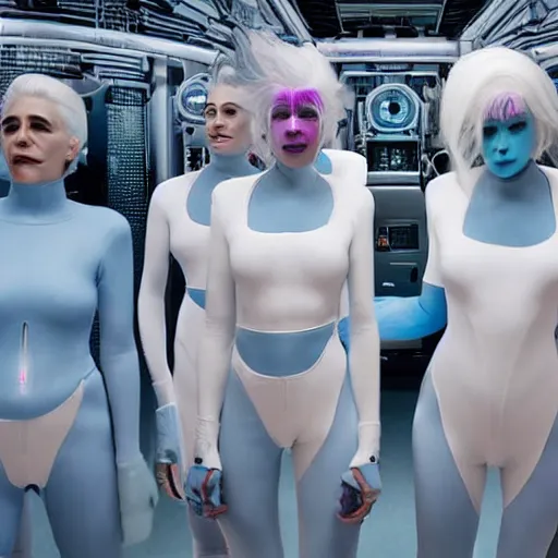 Image similar to troop of freak show women with white hair, white hair, tight light blue neopren suits, futuristic production facility, sci - fi, highly detailed, cinematic