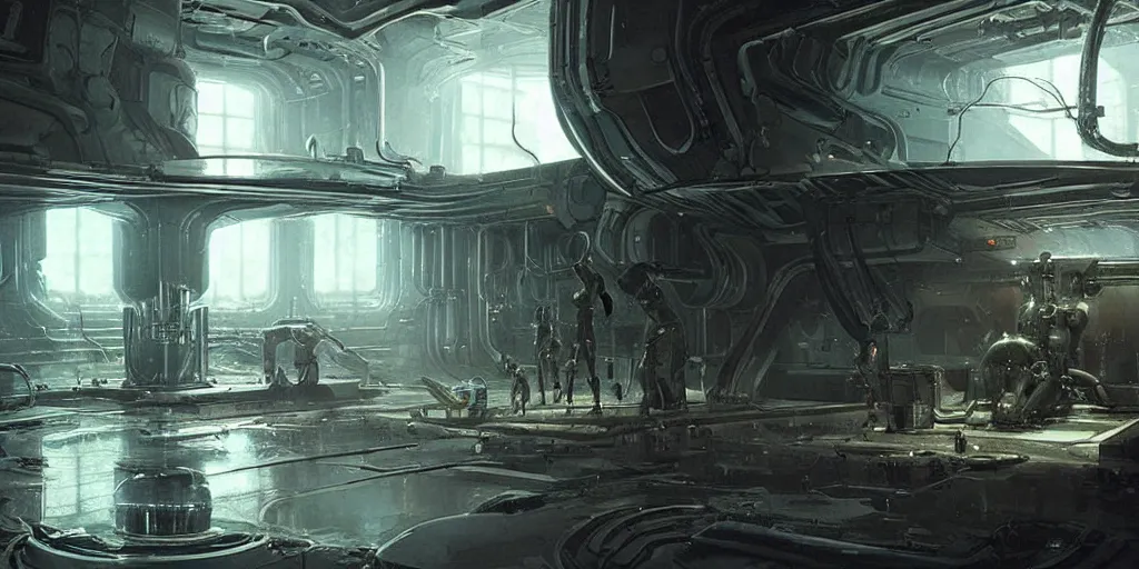 Image similar to bunker laboratory with alien mechanisms!!!!! inside, with mystical glowing fluid!!!!!!, ultra detailed, science fiction illustration, made by greg rutkowski