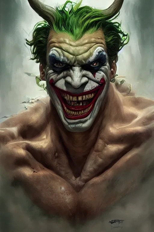 Image similar to portrait of joker as a hulking herculean demon orc bugbear clown, forest, godlike, upper body, fantasy, intricate, elegant, highly detailed, digital painting, artstation, concept art, sharp focus, illustration, art by artgerm and greg rutkowski and alphonse mucha